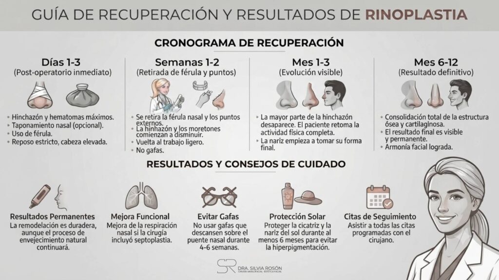 Cronograma de recuperación de la rinoplastia en Madrid: días 1-3, semanas 1-2, mes 1-3 y mes 6-12, con consejos de cuidado
