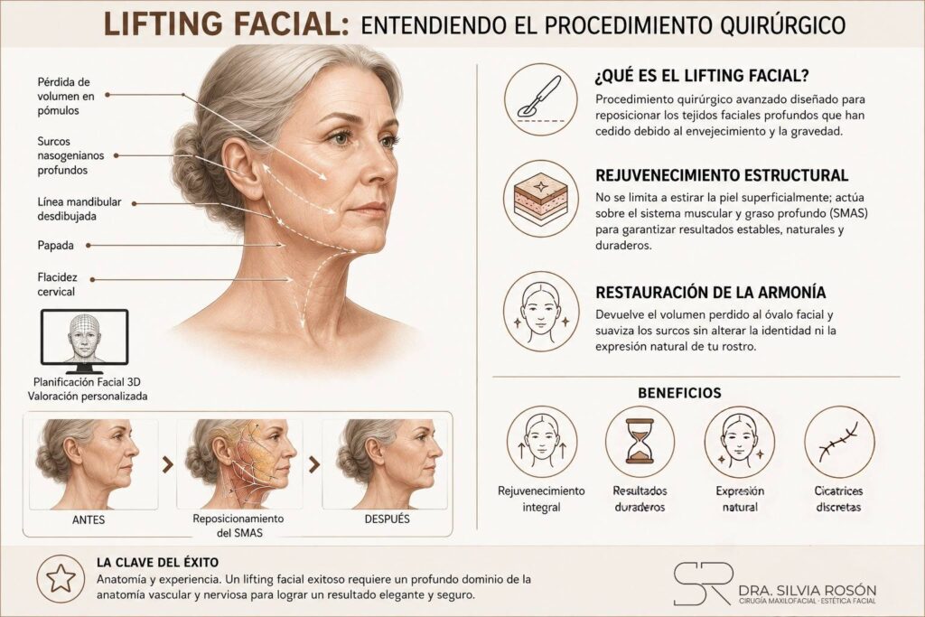 Infografía sobre en qué consiste el lifting facial: signos de envejecimiento, planificación 3D y reposicionamiento del SMAS con antes y después