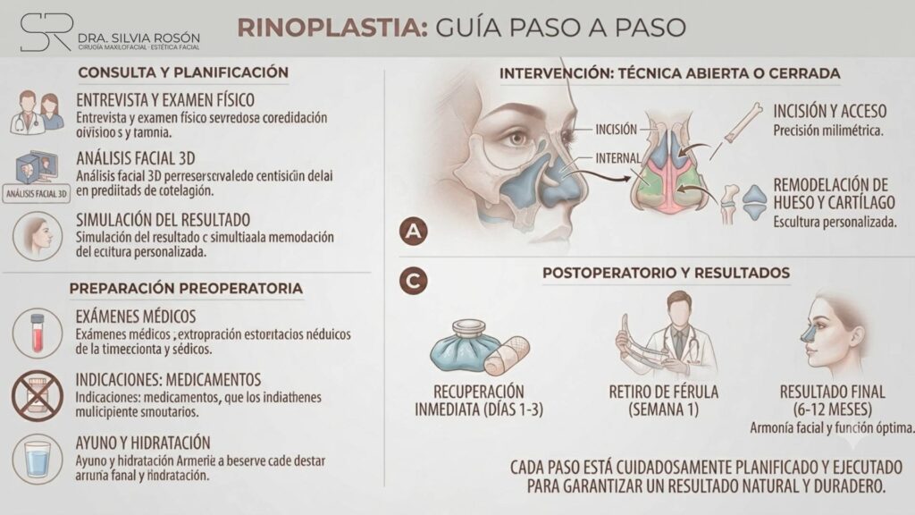 Infografía paso a paso de la rinoplastia: consulta y planificación, preparación preoperatoria, intervención abierta o cerrada, y postoperatorio
