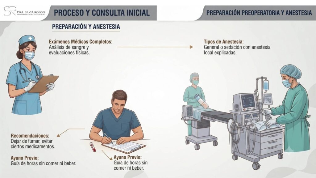 Infografía sobre exámenes médicos, ayuno previo y tipos de anestesia antes de una rinoplastia en Madrid