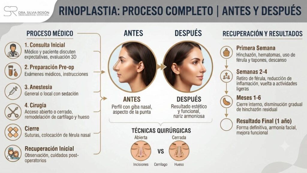Infografía del proceso completo de rinoplastia en Madrid, desde la consulta hasta los resultados, con antes y después