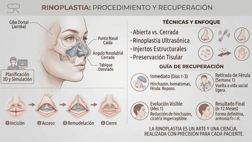 Infografía de técnicas de rinoplastia (abierta vs cerrada, ultrasónica, injertos estructurales) y guía de recuperación por etapas
